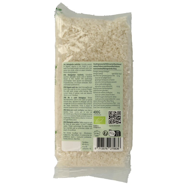 Organic TerraSana white sushi rice in a 400g package, showing the rice grains and packaging label.