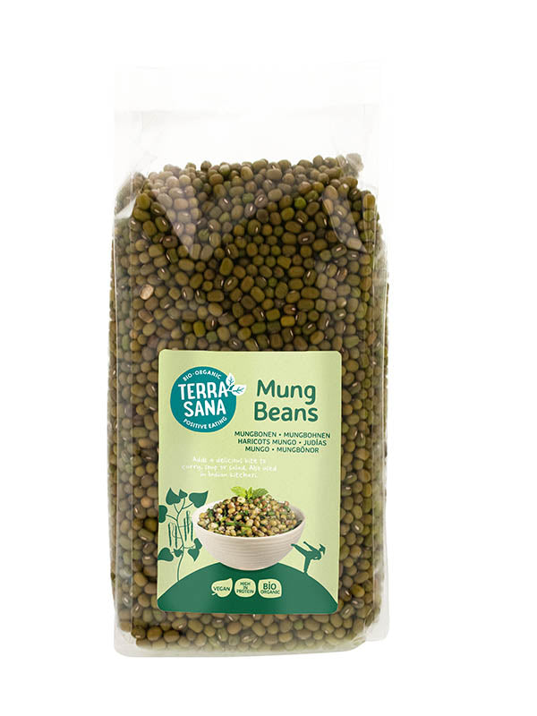 Organic TerraSana mung beans in a 400g package, fresh green mung beans ready for cooking or snacking.