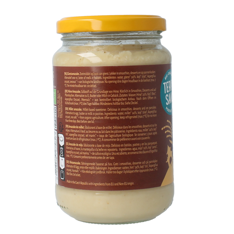 Organic TerraSana Gierst Amazake bio 370g spread on whole grain bread, showcasing a nutritious, smooth plant-based spread.