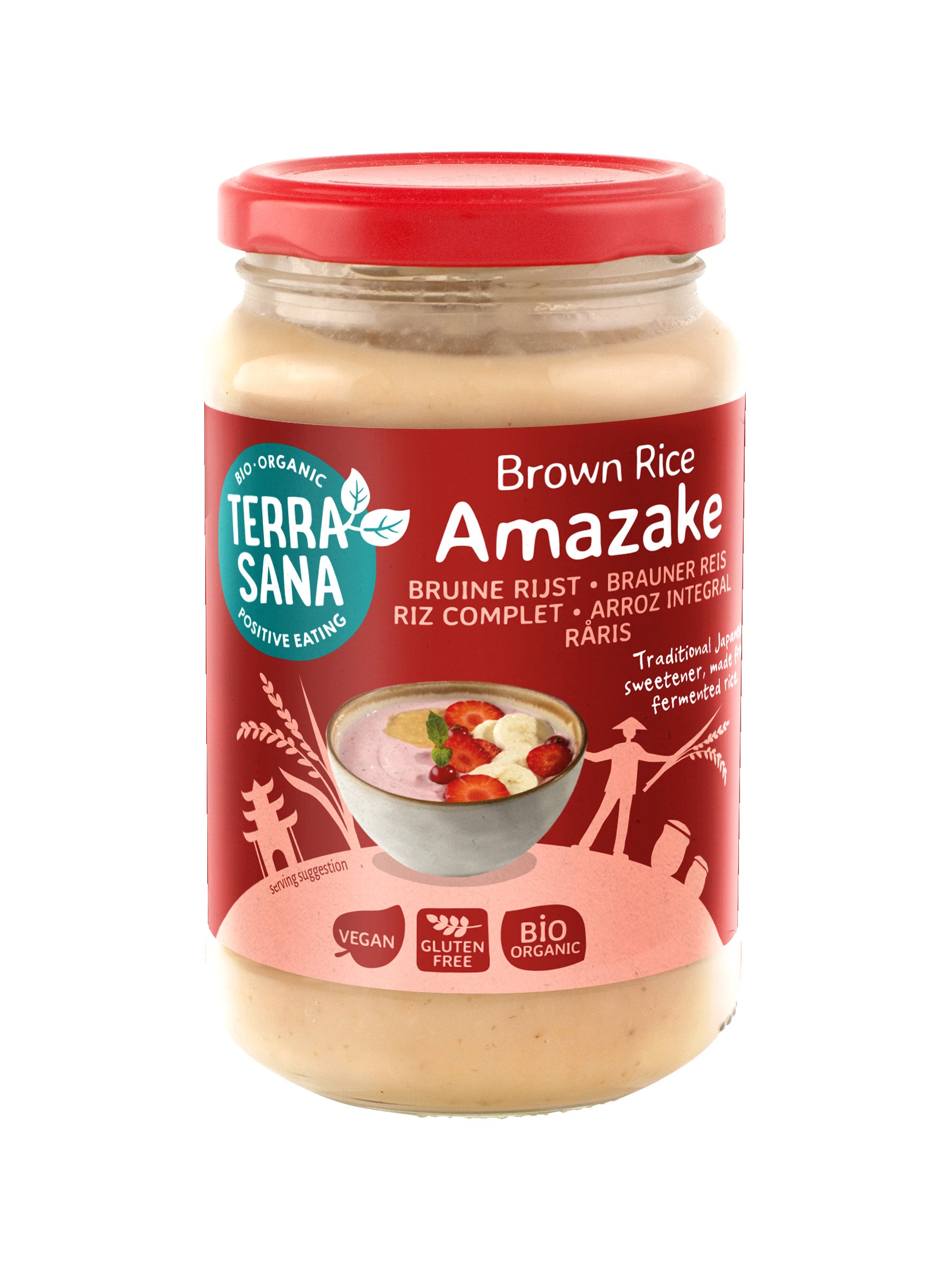 Organic TerraSana Rijst Amazake bio in a 380g jar, showing the label and product packaging for natural sweetener and rice beverage.