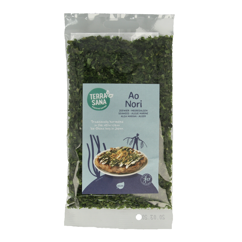 TerraSana Ao nori condiment in a 20g jar, featuring dark green nori seaweed flakes for savory flavor in sauces and seasonings.
