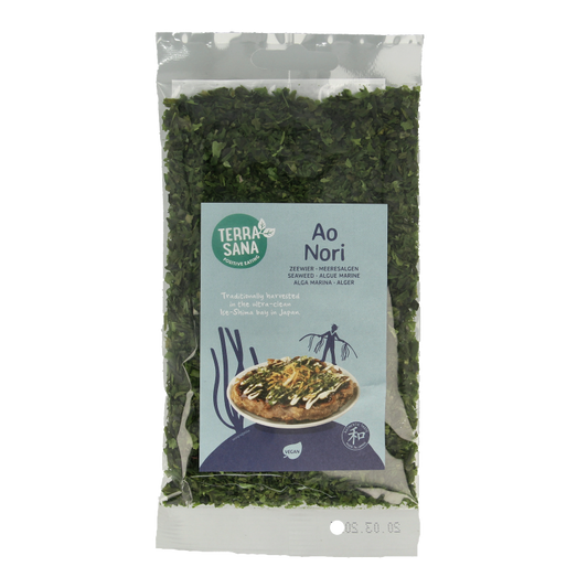 TerraSana Ao nori condiment in a 20g jar, featuring dark green nori seaweed flakes for savory flavor in sauces and seasonings.