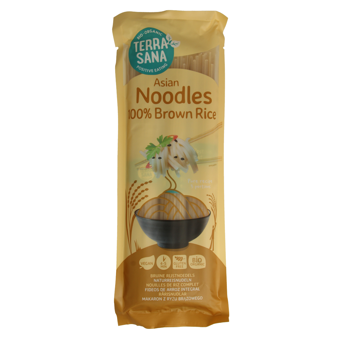 Organic TerraSana brown rice noodles in a 250g package, shown in the image, ideal for healthy pasta and rice dishes.