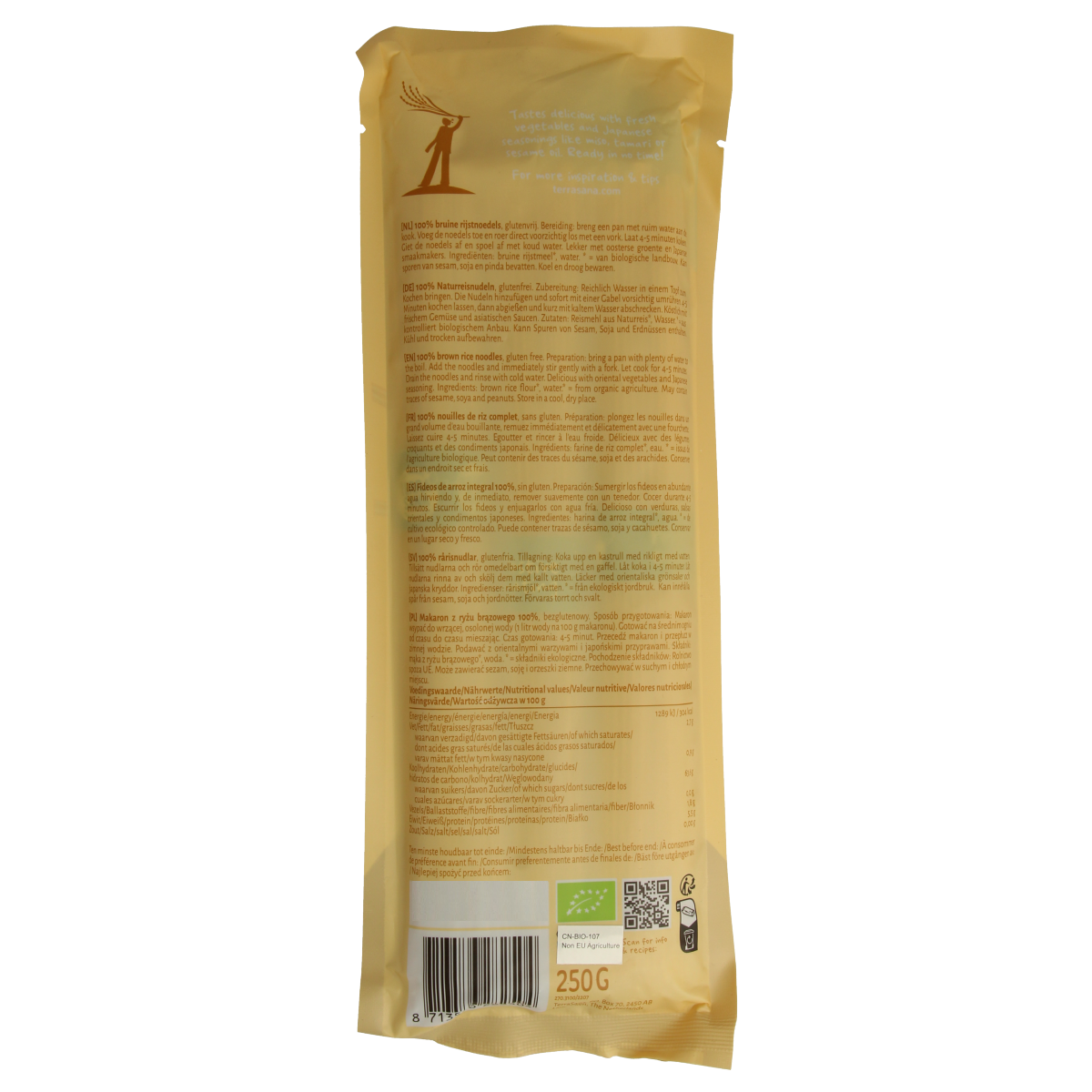 Organic TerraSana brown rice noodles in a clear package, showcasing the pasta and rice product label.