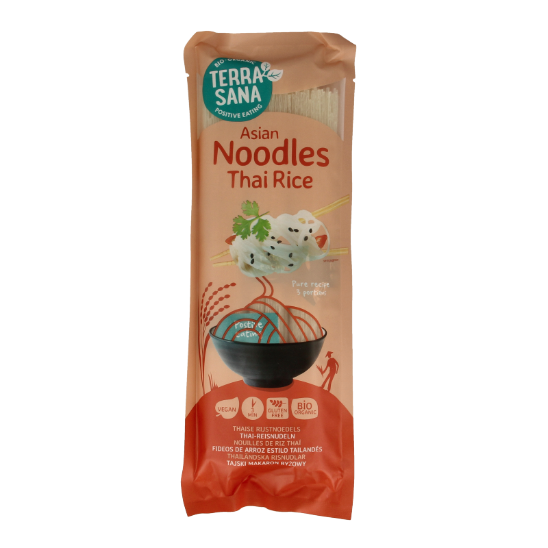 Organic TerraSana Thai rice noodles in a 250g package, showcasing the raw, dried rice noodles for Asian cuisine cooking.