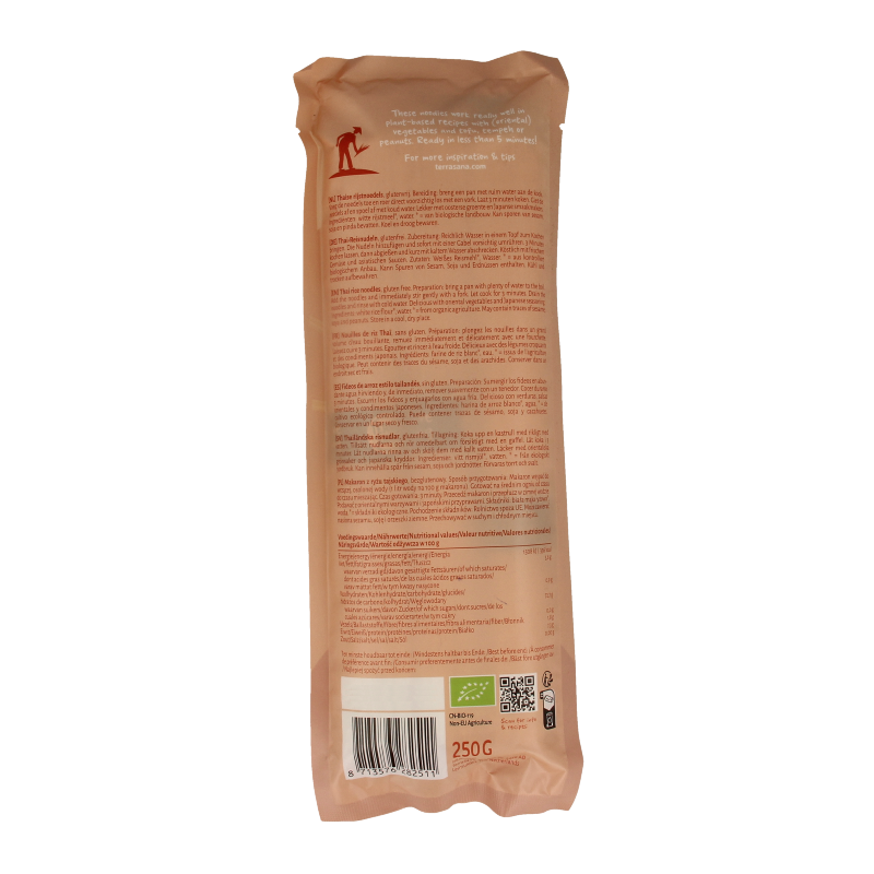 Bio Thai rice noodles by TerraSana in a 250g package, showcasing the thin, white rice noodles ready for cooking.