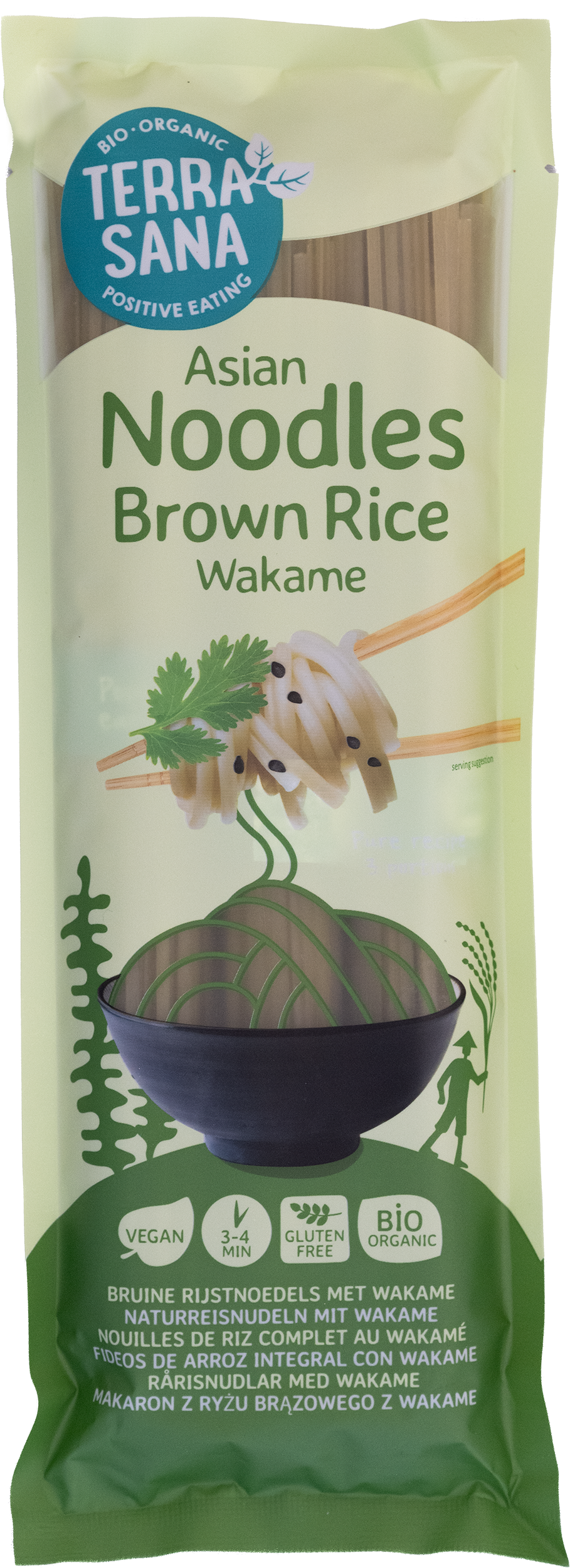 Organic TerraSana brown rice noodles with wakame seaweed in a 250g package, perfect for healthy pasta dishes.