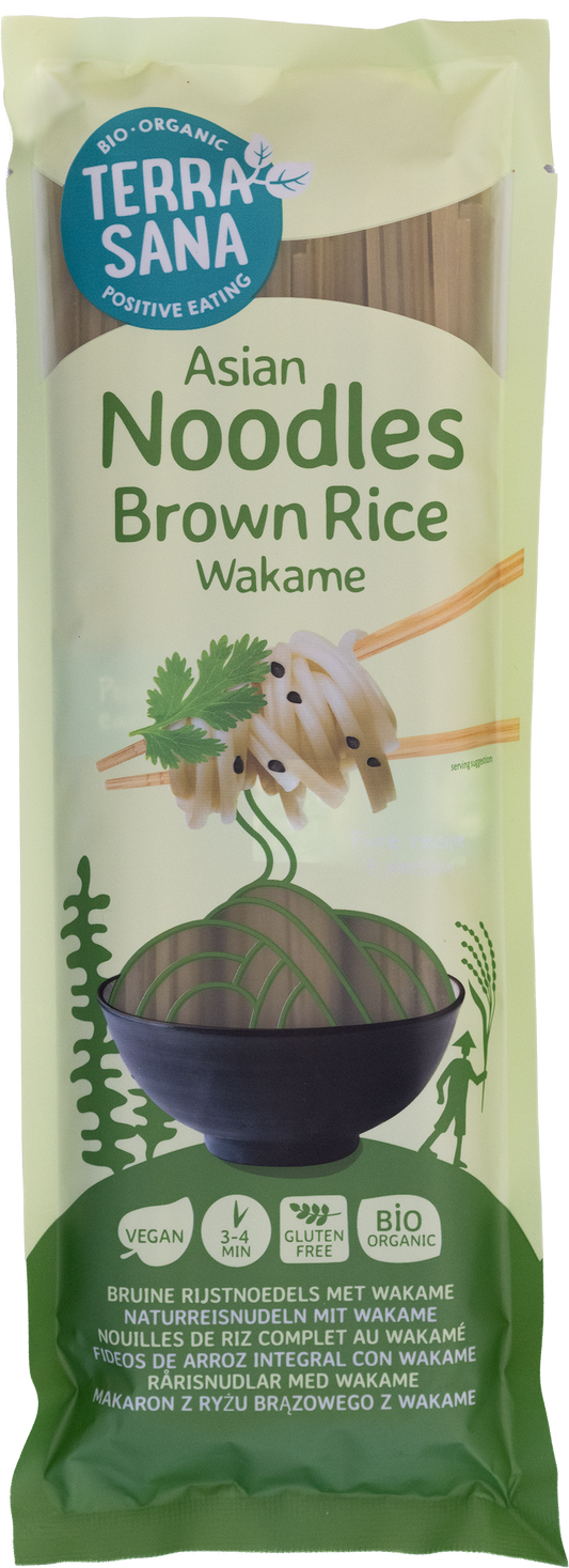Organic TerraSana brown rice noodles with wakame seaweed in a 250g package, perfect for healthy pasta dishes.