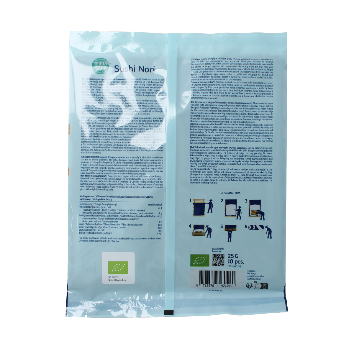 TerraSana Sushi Nori geroosterd bio, 25g, toasted organic seaweed for sushi or snacks, shown in a clear package image.