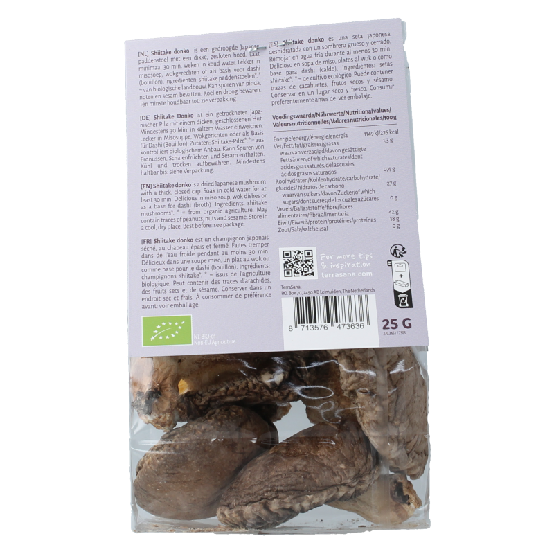 Fresh TerraSana Shiitake Donko organic mushrooms in a 25 gram package, ready for cooking or garnishing dishes.