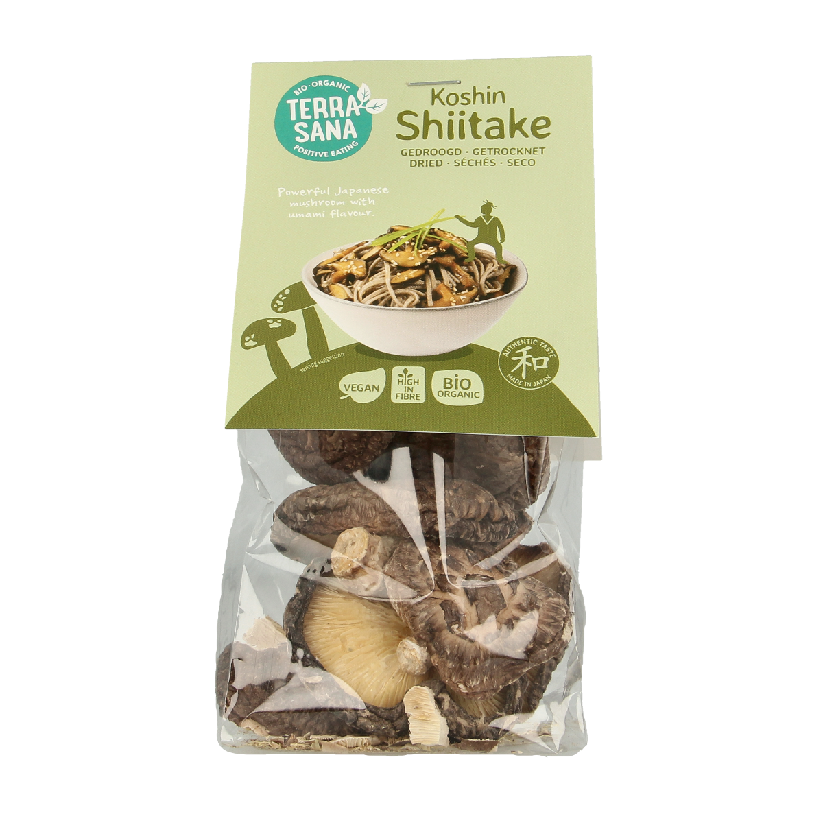 TerraSana Shiitake koshin bio mushrooms in a clear package, organic shiitake mushrooms from TerraSana, 25 grams.