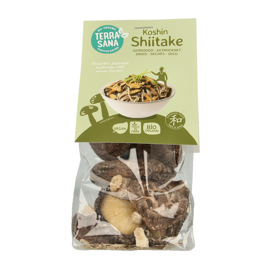 TerraSana Shiitake koshin bio mushrooms in a clear package, organic shiitake mushrooms from TerraSana, 25 grams.