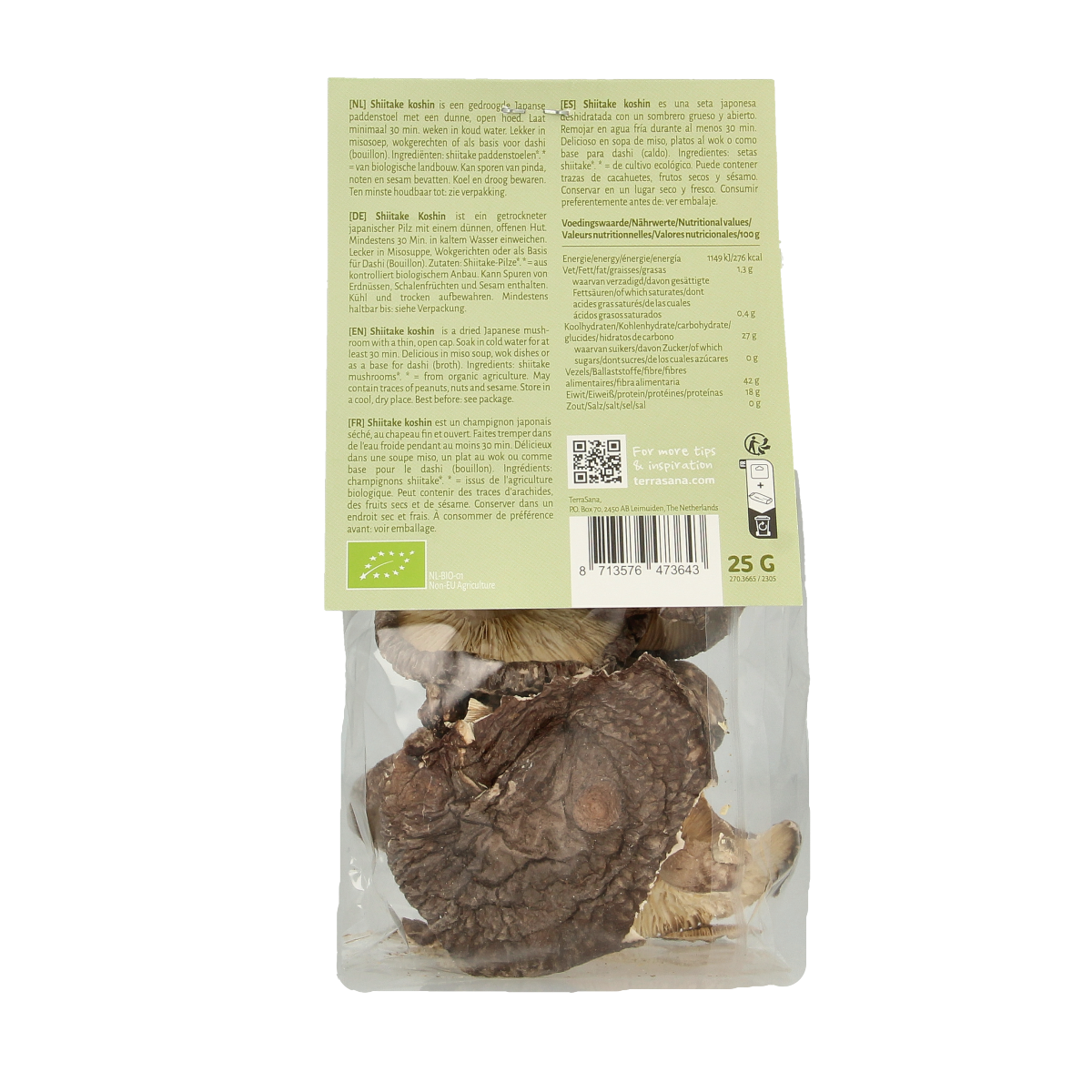 Terrasna Shiitake Koshin bio mushroom, 25g, fresh and organic, shown in a clear package with visible mushrooms inside.