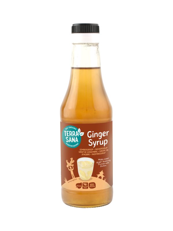 Organic TerraSana ginger syrup in a 250ml bottle, showcasing the dark, rich syrup inside the clear glass container.