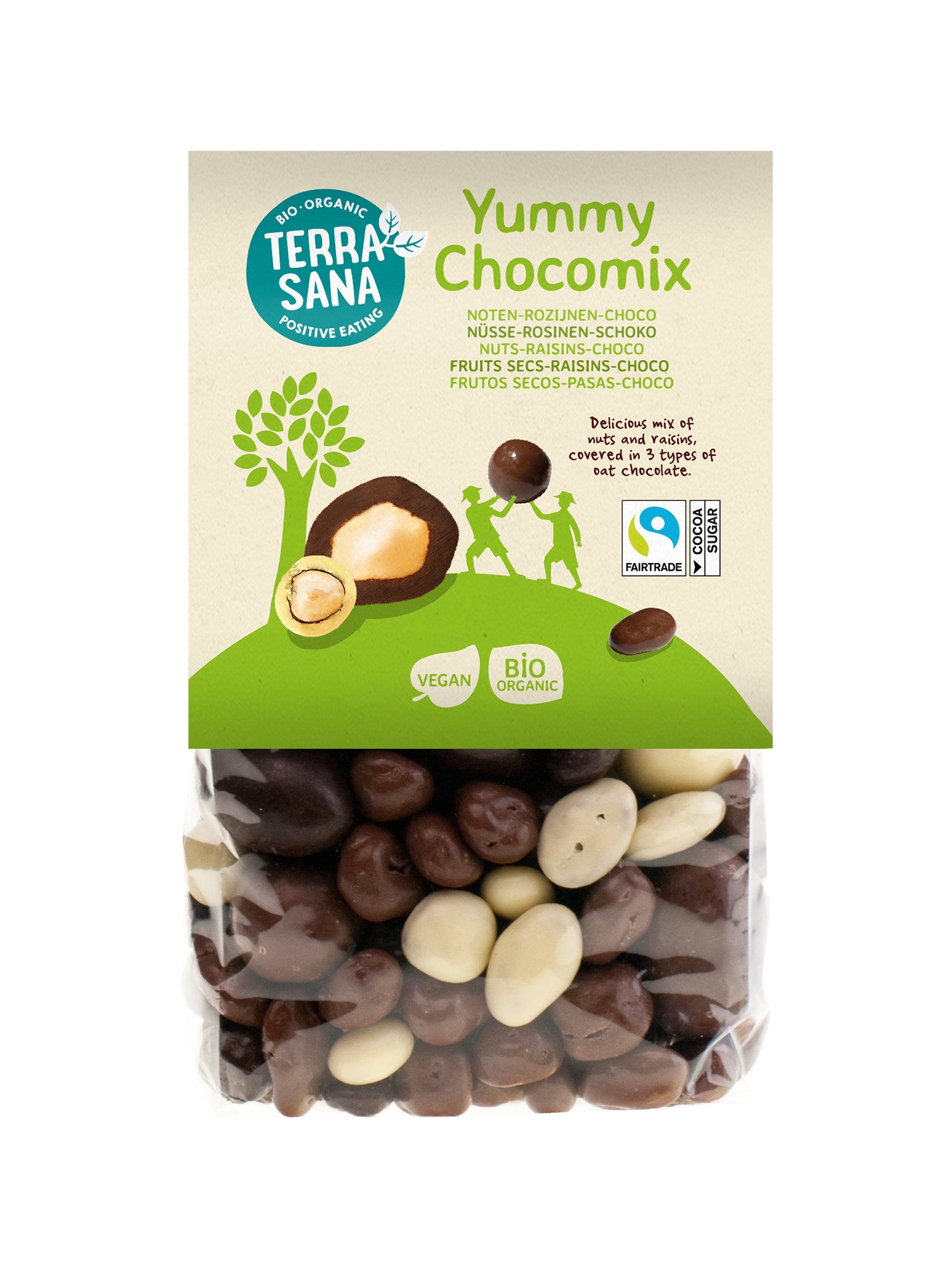 TerraSana Yummy Chocomix noten rozijnen bio snoepgoed in 200g package with chocolate, nuts, and raisins.