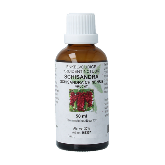 Cruydhof Schisandra chinensis fruit tincture in 50ml bottle, herbal supplement from Cruydhof, with fresh fruit and herbal packaging.
