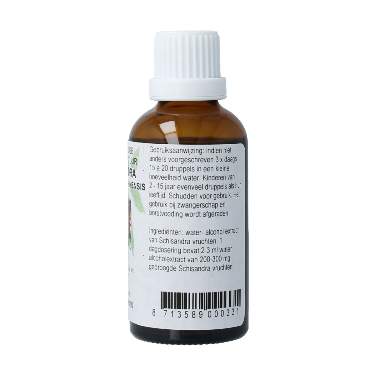 Cruydhof Schisandra chinensis fruct tinctuur in a 50ml bottle, herbal supplement from Cruydhof with berries and herbal extract visible.