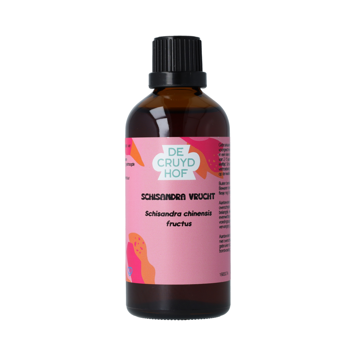 De Cruydhof Schisandra chinensis fruct tinctuur in 100ml bottle, herbal supplement from De Cruydhof, with a label showing the product.