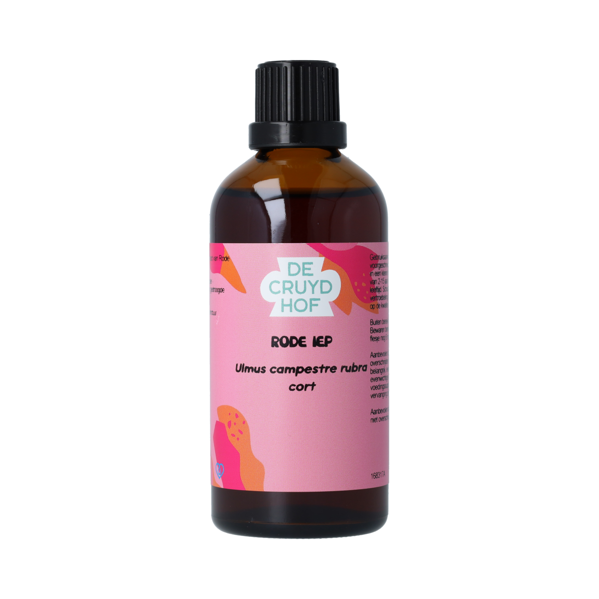 De Cruydhof Ulmus campestre rubra rode iep tinctuur in 100ml bottle, herbal preparation with fresh herb images on label.