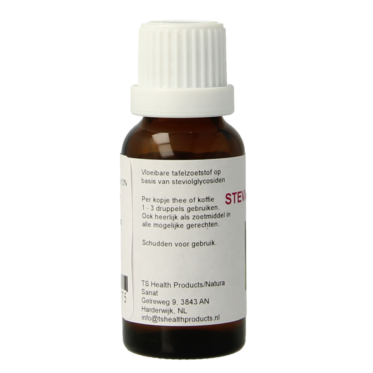 Cruydhof Stevia wit original 20ml bottle of natural sweetener, clear liquid in a small plastic container with label.