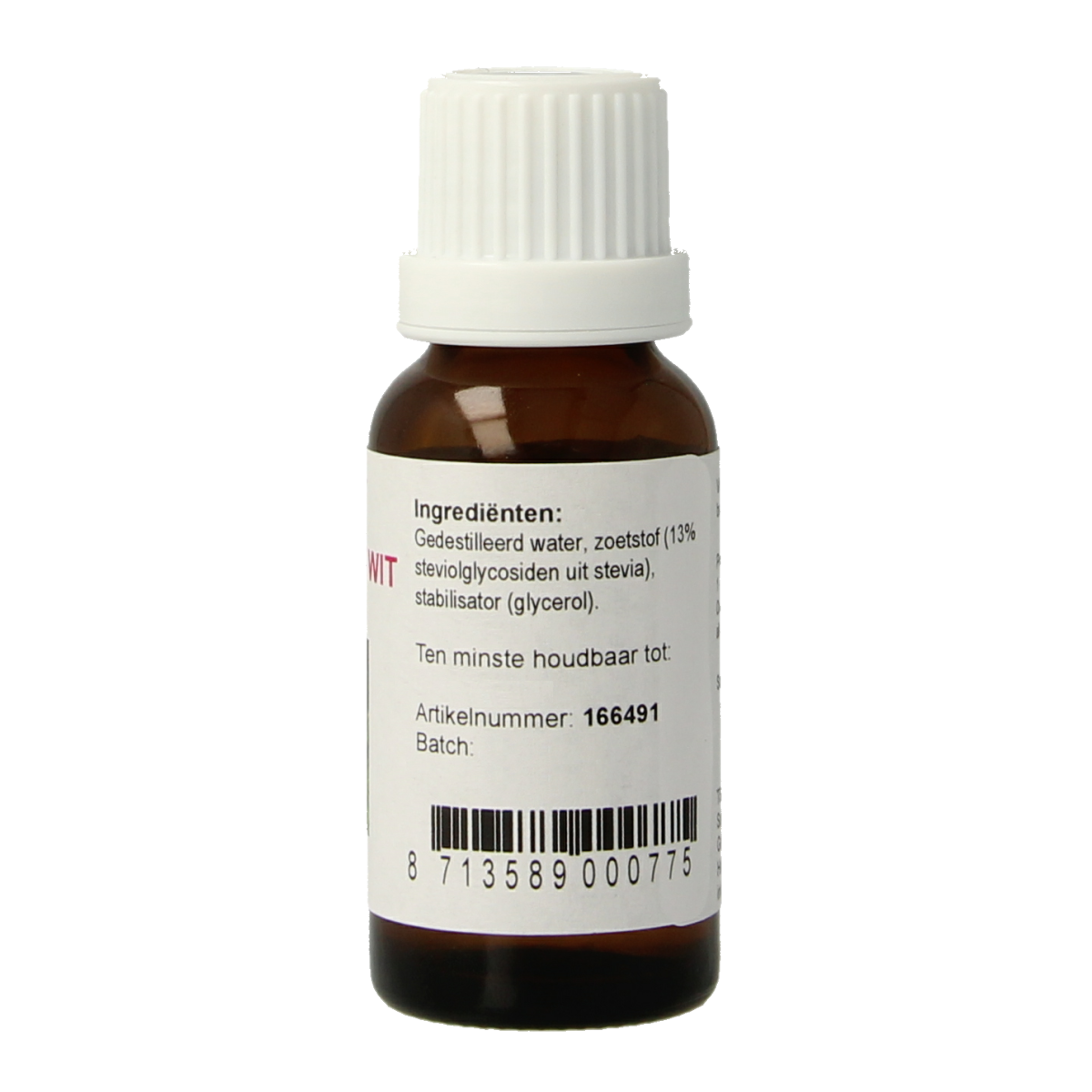 Cruydhof Stevia wit original liquid sweetener in 20ml bottle, natural sugar substitute, clear packaging with label.