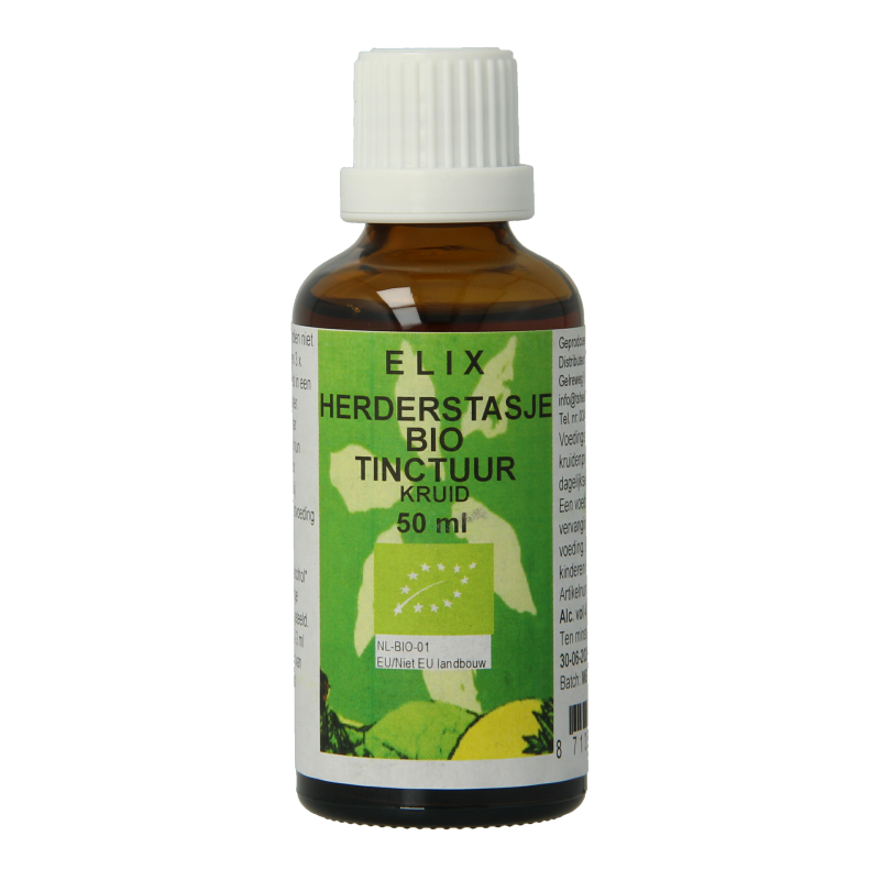 Elix Herderstasje tinctuur bio in 50ml bottle, herbal supplement from Elix, featuring a brown glass bottle with a dropper cap.