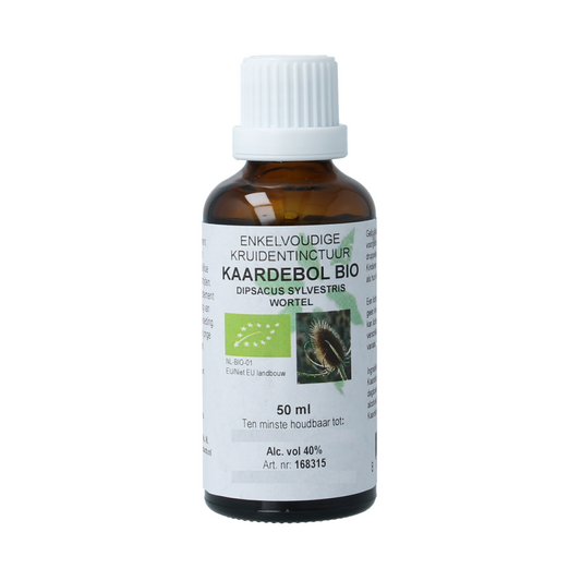 Cruydhof Kaardebol wortel tinctuur in 50ml bottle, an organic herbal preparation with root ingredient, natural herbal remedy.