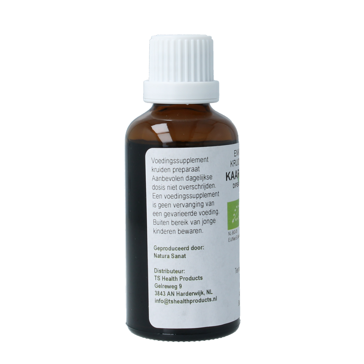 Cruydhof Kaardebol wortel tinctuur in 50ml bottle, organic herbal supplement with fresh roots and herbal extract appearance.