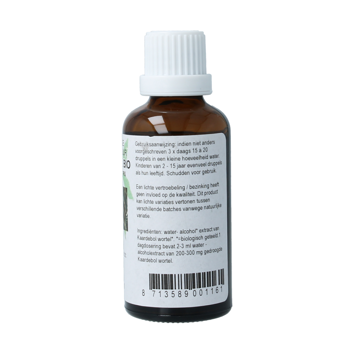 Cruydhof Kaardebol wortel tinctuur in 50ml bottle, organic herbal supplement with roots and plant extracts.