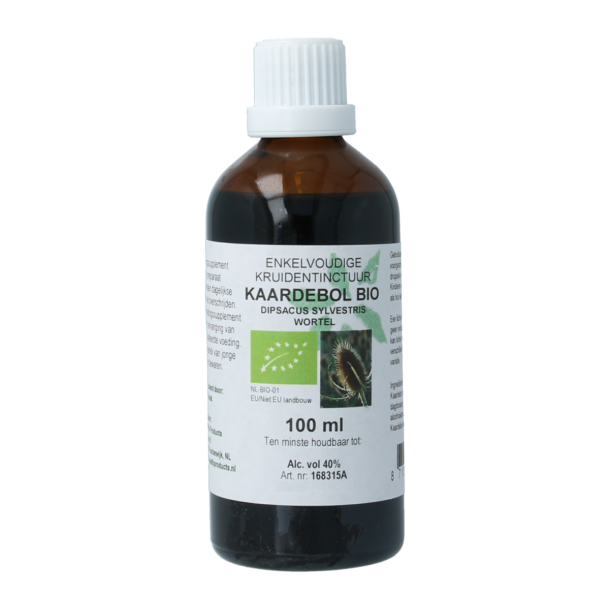Cruydhof Kaardebol wortel tinctuur in 100ml bottle, organic herbal supplement from Cruydhof, with a dark glass tincture bottle and label.