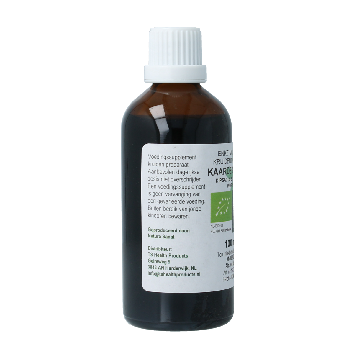 Cruydhof Kaardebol wortel tinctuur in 100ml bottle, organic herbal supplement with fresh root imagery.