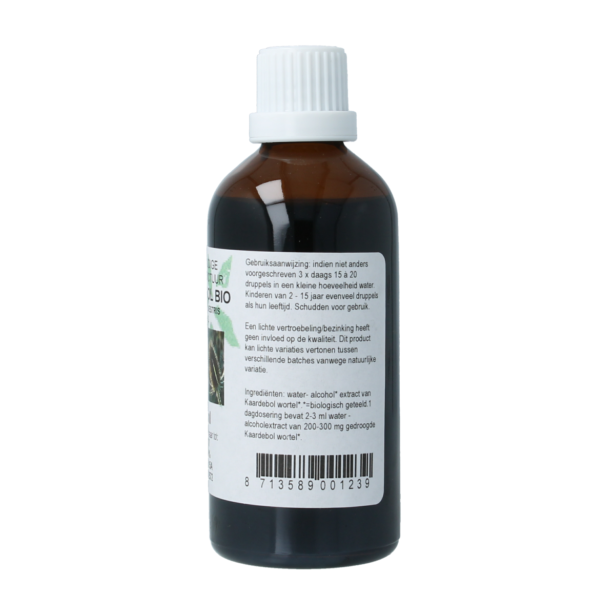 Cruydhof bio Kaardebol wortel tinctuur in 100ml bottle, herbal supplement with fresh, whole root visible in the image.