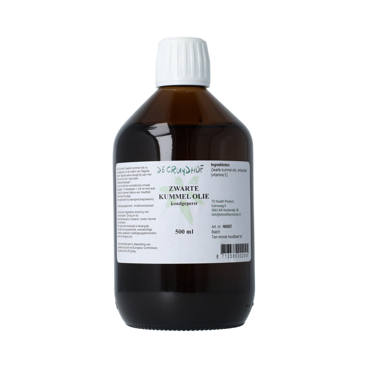 De Cruydhof Zwarte Kummel olie in 500ml, koudgeperst, kruidenpreparaat with dark amber liquid in a glass bottle.