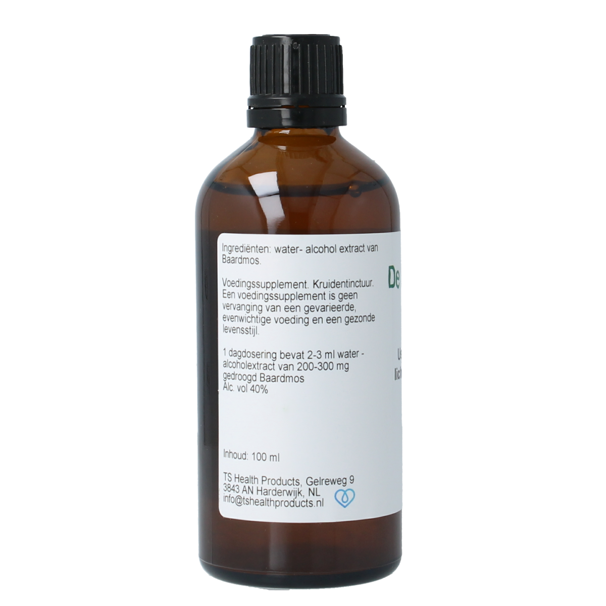 Cruydhof Usnea barbata tinctuur in 100ml bottle, herbal remedy made from beard lichen, part of herbal preparations.