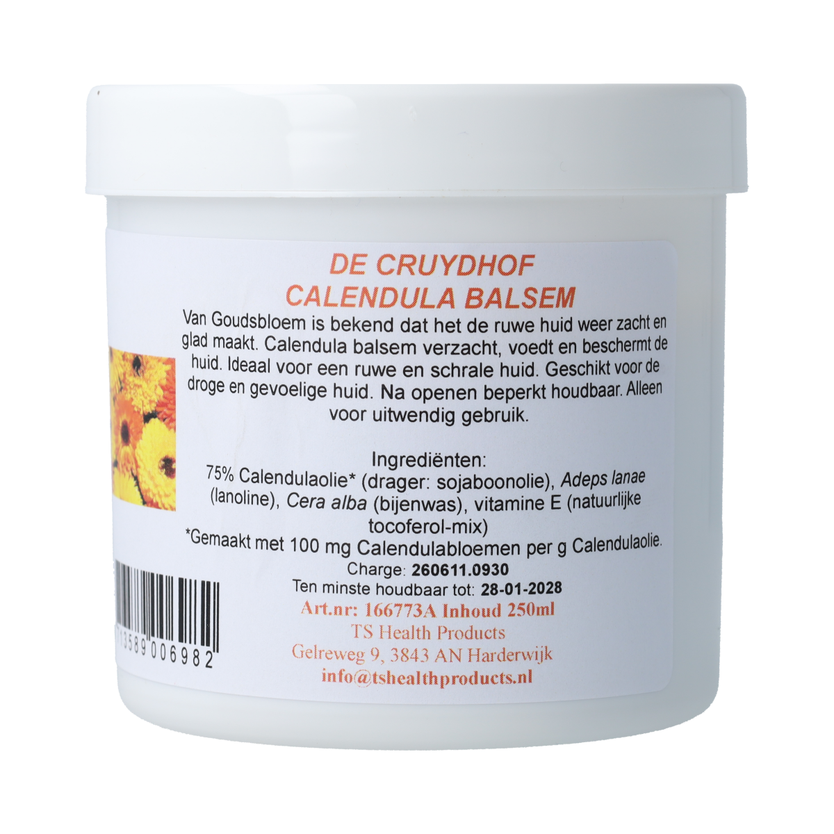 De Cruydhof Calendula balsem 75% in 250ml bottle, a natural body care product with calendula extract for soothing skin.