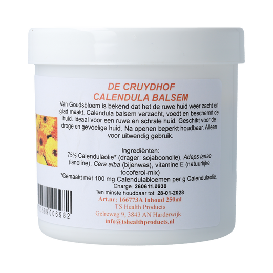 De Cruydhof Calendula balsem 75% in 250ml bottle, a natural body care product with calendula extract for soothing skin.