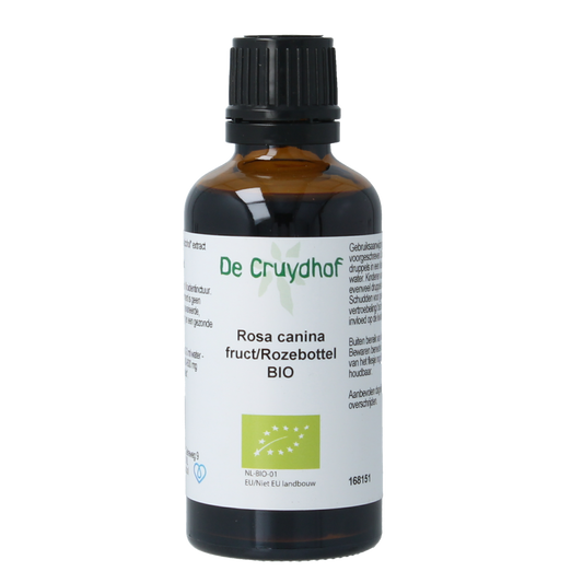 Cruydhof Rosa Canina rozebottel tinctuur in 50ml bottle, herbal supplement with rosehip extract, natural botanical remedy.