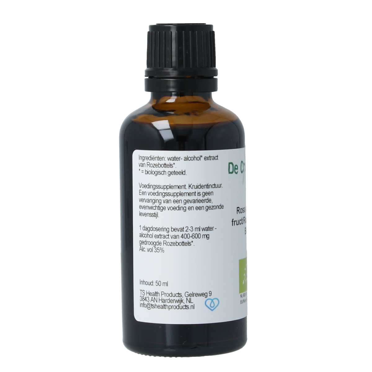 Cruydhof Rosa canina rozebottel tinctuur in 50ml bottle, herbal supplement with fresh rosehip berries, natural botanical remedy.