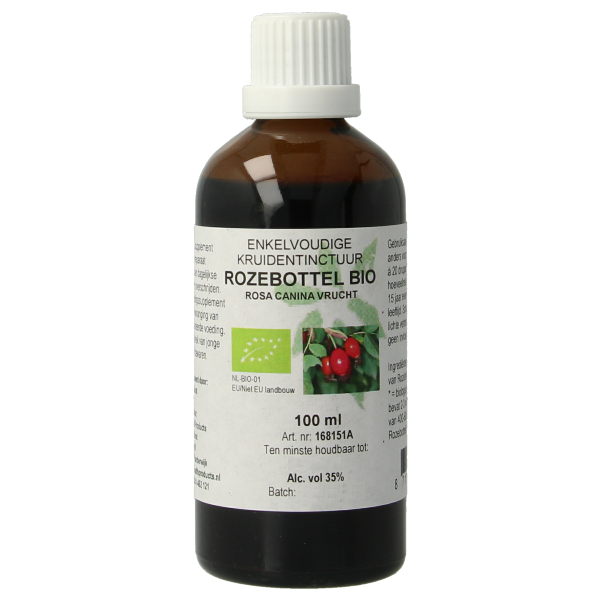 Cruydhof Rosa canina organic tincture in a 100ml glass bottle with a dropper, labeled with product details and brand logo.