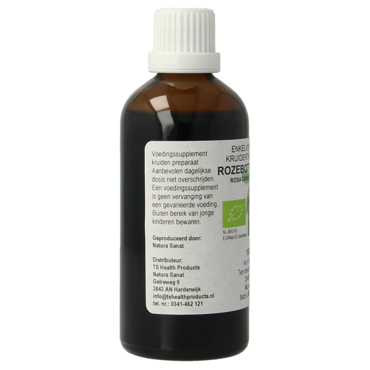 Cruydhof Rosa Canina rozebottel tinctuur in a 100ml bottle, herbal preparation with fresh rosehip berries, natural herbal remedy.