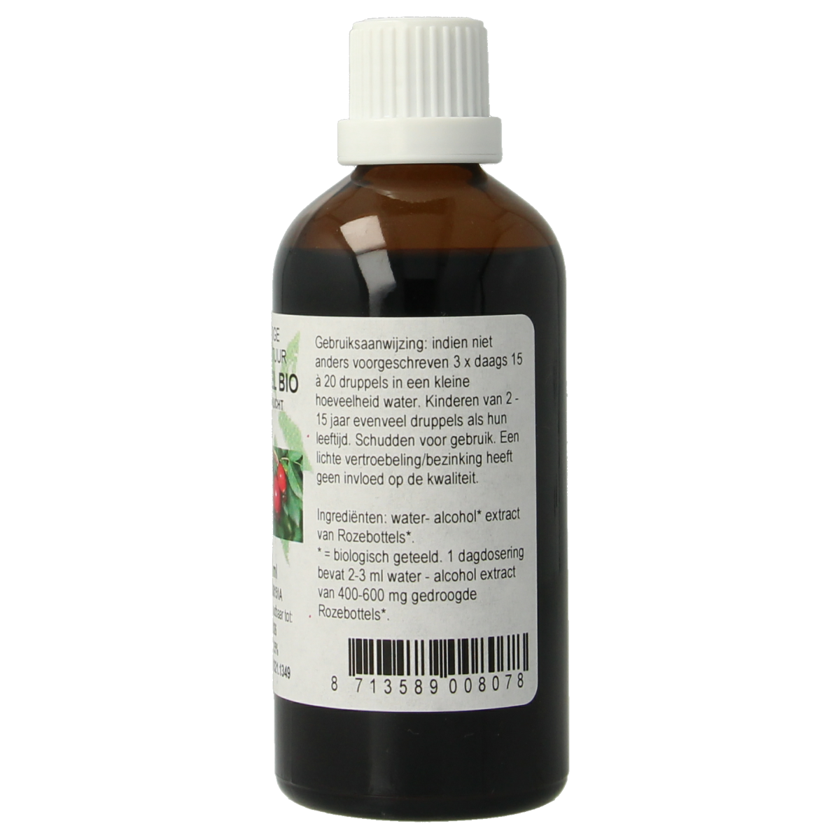 Cruydhof Rosa canina rozebottel tinctuur bio in 100ml bottle, herbal supplement with fresh rosehip imagery.
