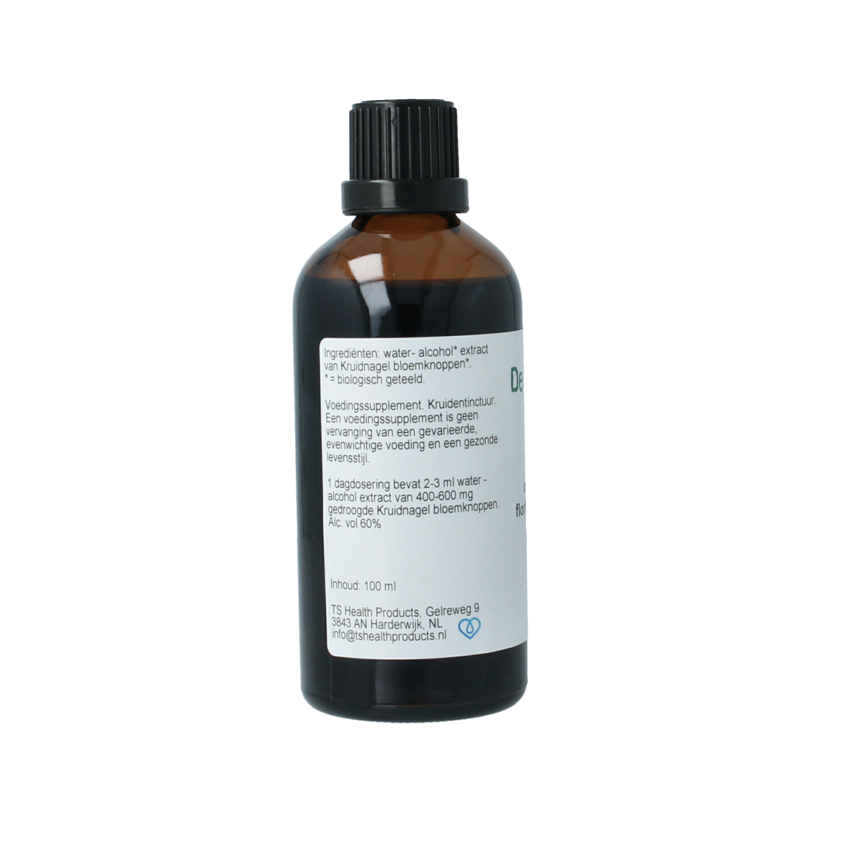 Cruydhof bio kruidnagel tinctuur in 100ml bottle, herbal supplement with whole dried kruidnagel cloves.