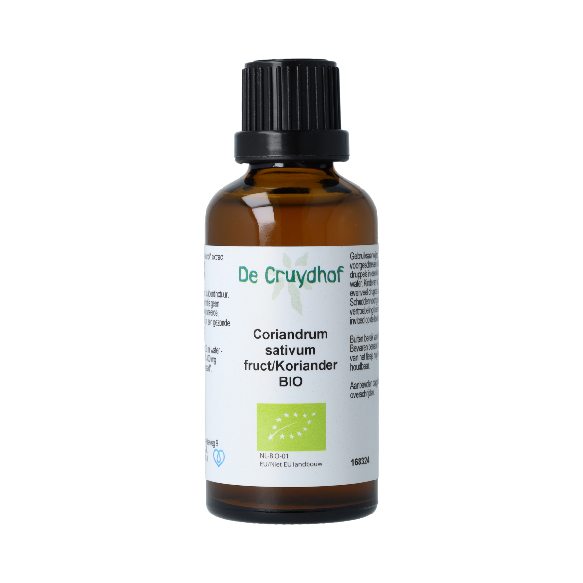 De Cruydhof Coriandrum sativum koriander tinctuur in 50ml bottle, herbal supplement with fresh coriander leaves visible.