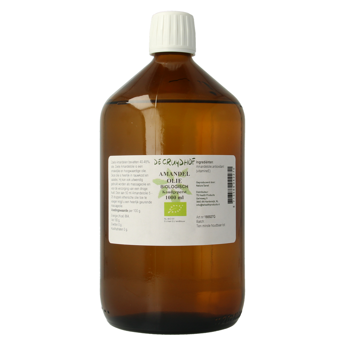 Cruydhof cold-pressed organic almond oil in a 1-liter bottle, showcasing the clear, golden oil inside the container.