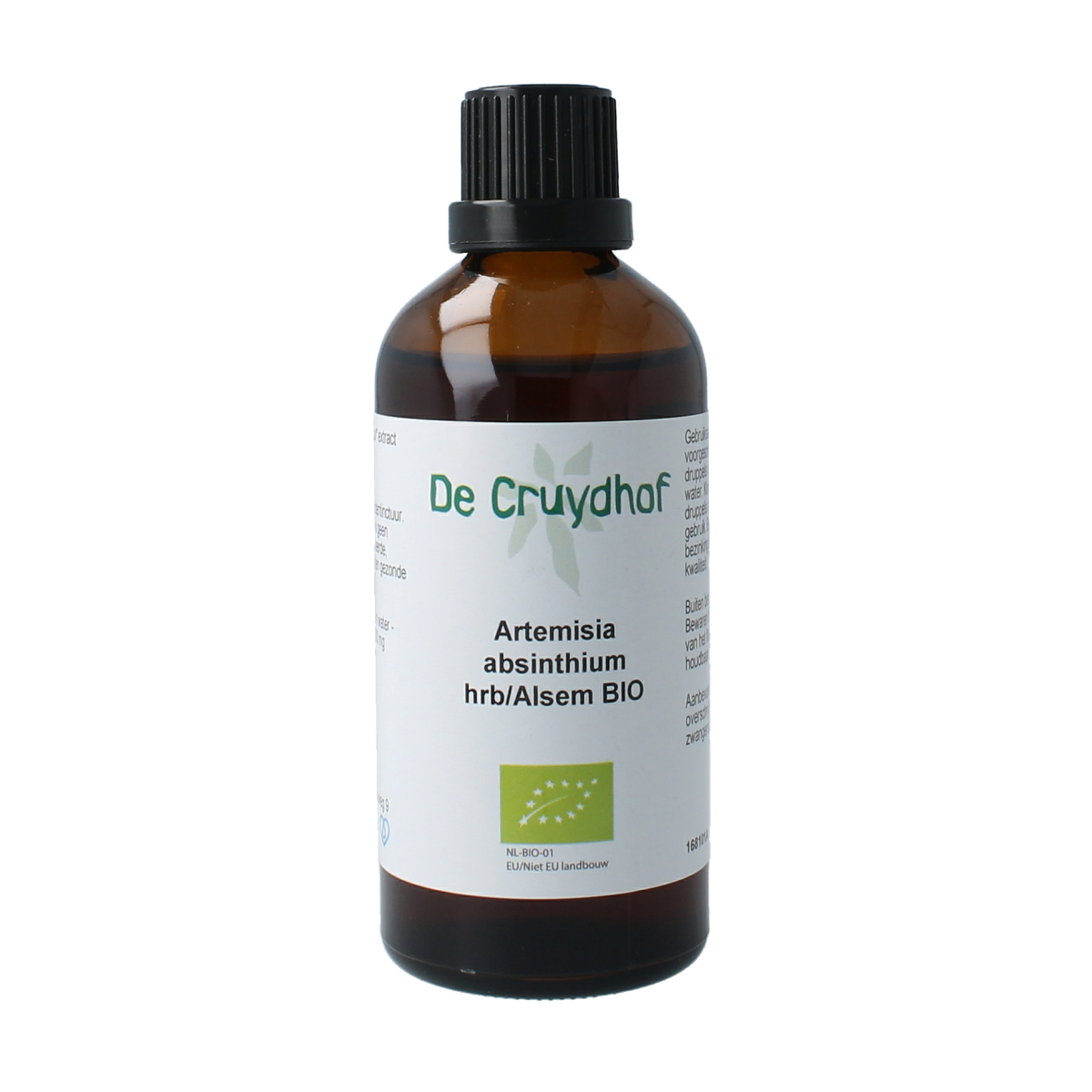 Cruydhof Artemisia absinthium bio tinctuur in a 100ml bottle, herbal preparation with fresh green leaves and herbal label.