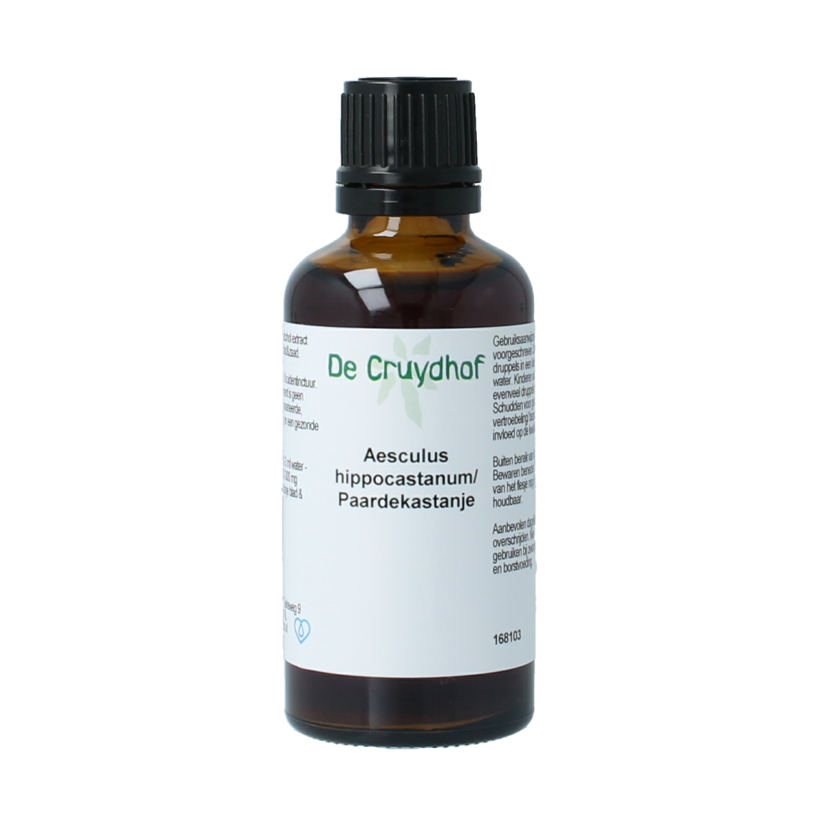 Cruydhof Aesculus hippocast/paardenkastanje tinctuur in 50ml bottle, herbal preparation for natural health, with label and dropper.