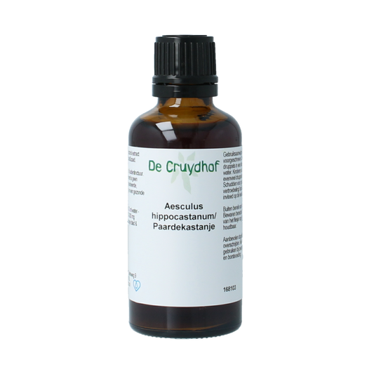 Cruydhof Aesculus hippocast/paardenkastanje tinctuur in 50ml bottle, herbal preparation for natural health, with label and dropper.