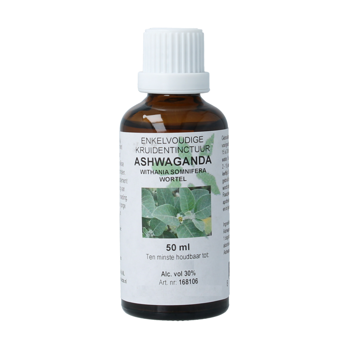 Cruydhof Withania somnifera (ashwagandha) tincture in 50ml bottle, herbal supplement with dark liquid inside a glass container.