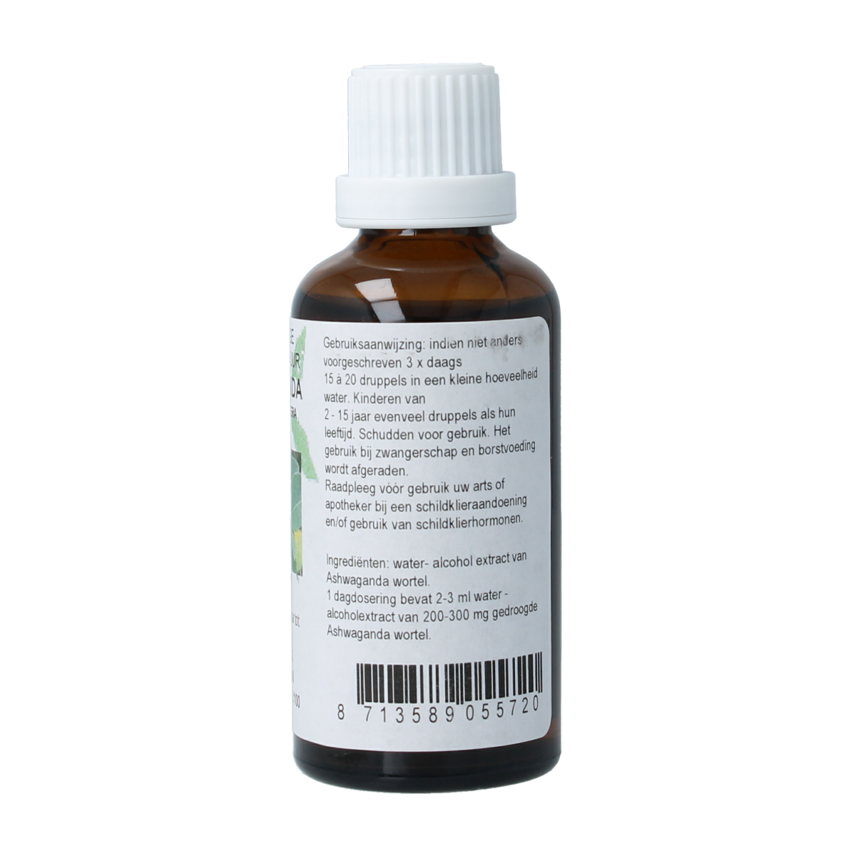Cruydhof Ashwagandha tinctuur in 50ml bottle, herbal supplement from Cruydhof, showcasing the product label and packaging.