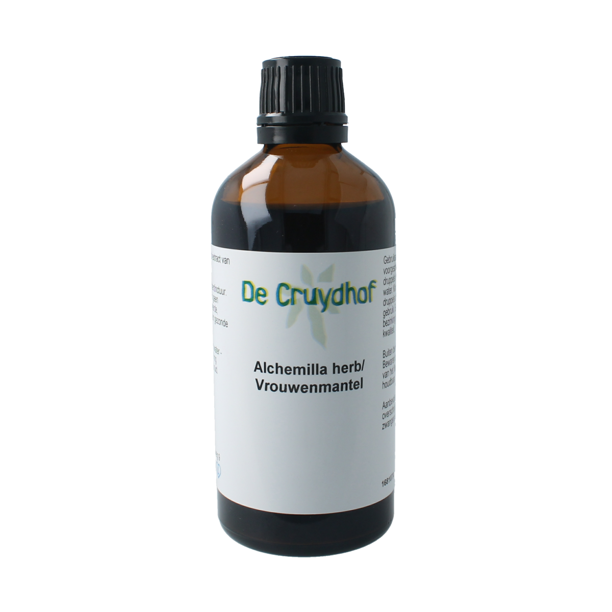 Cruydhof Alchemilla vulgaris tinctuur in 100ml bottle, herbal preparation featuring vrouwenmantel leaves and flowers.
